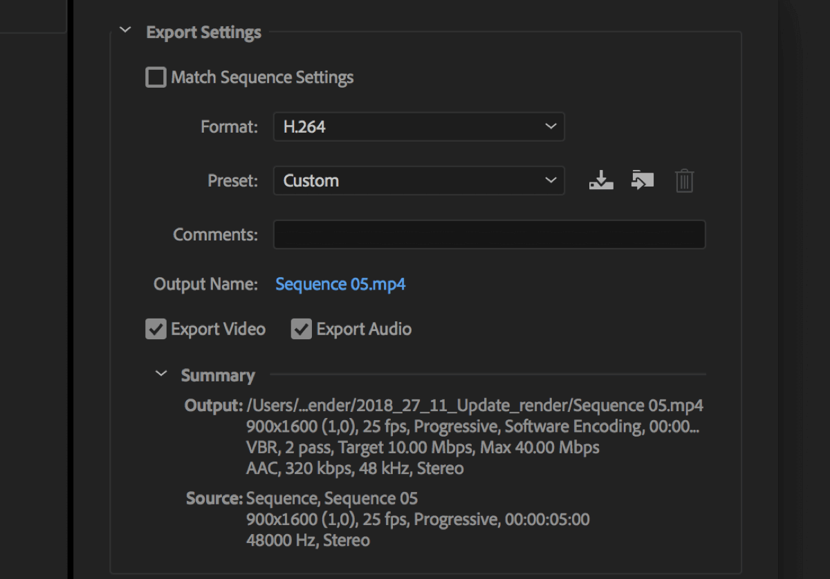 Настройка для экспорта видео Adobe Premier Pro с форматом H.264.