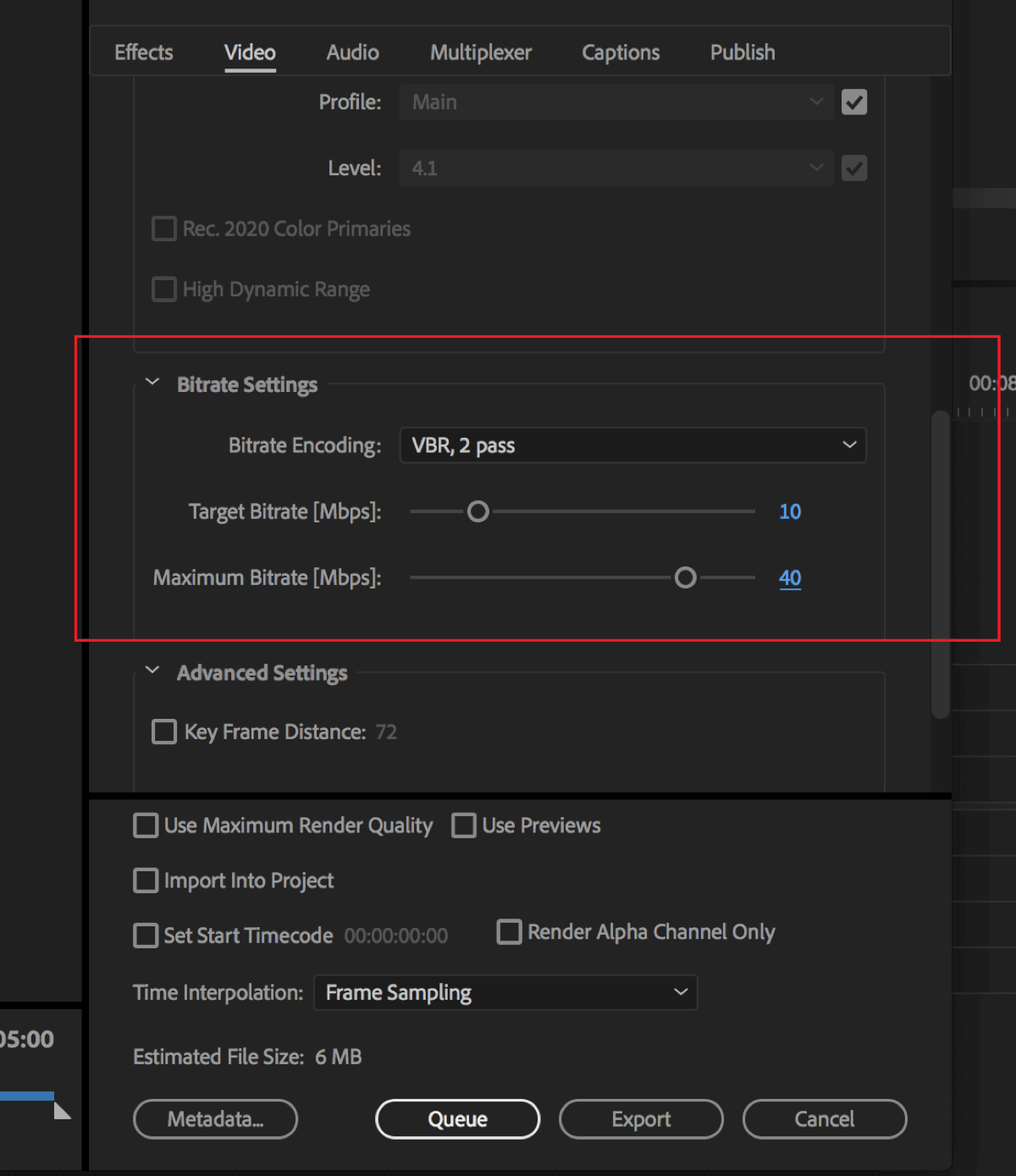 Настройка для изменения битрейта при экспорте видео в Adobe Premier Pro.