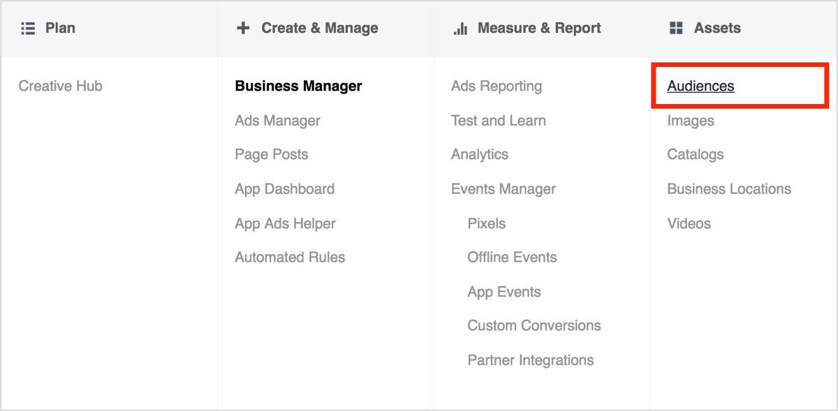 Open Business Manager and select Audiences in the Assets column.