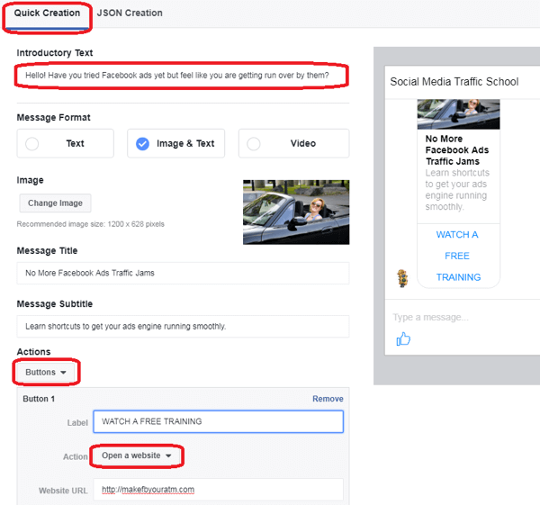 Specify what users will see in the Messenger chat window when they click on your ad.
